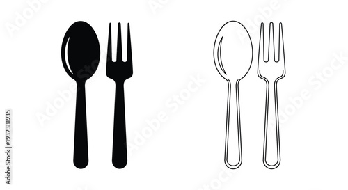 Black and white illustrations of a spoon and fork side by side