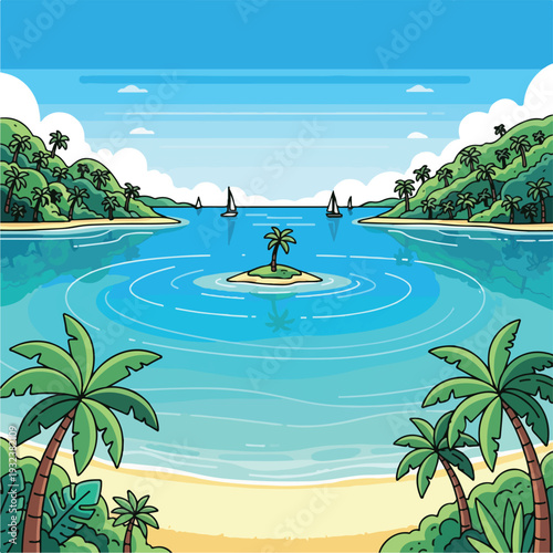 A picturesque cartoon of a tranquil ocean, palm trees, and sailboats