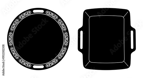 Set of 2 black plate and tray vector icons