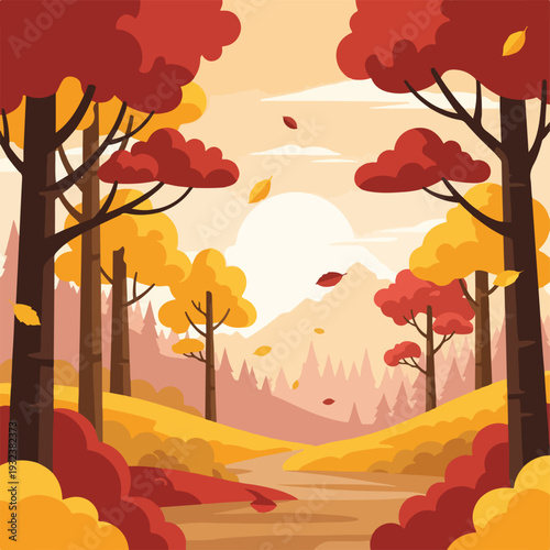 A picturesque landscape, featuring an autumnal forest with changing leaves