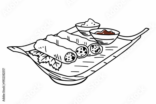 A distinct black and white outline drawing displays three crispy spring rolls on an unusually shaped elegant platter, accompanied by two bowls of sauce and a small leaf.
