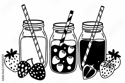 A minimalist black and white outline drawing depicts three mason jars filled with fruit smoothies or juices, each containing a straw and surrounded by strawberries and berries.