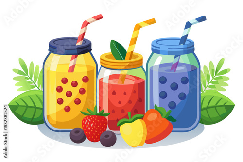 A vibrant and refreshing illustration shows three fruit smoothies or juices in glass jars with straws, accompanied by fresh strawberries, blueberries, and colorful produce.