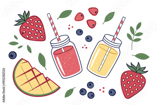 A vibrant and colorful illustration presents two refreshing fruit smoothies in mason jars, elegantly surrounded by fresh strawberries, ripe mango, and juicy blueberries with decorative leaves.