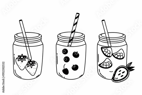 A delightful illustration showcases three distinct fruity drinks served in mason jars with straws, perfect for a refreshing beverage concept.