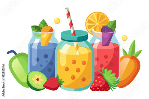 A vibrant collection of three diverse and colorful healthy drinks in mason jars, accompanied by an assortment of fresh fruits and vegetables like cucumber, strawberries, carrots, and an orange slice.