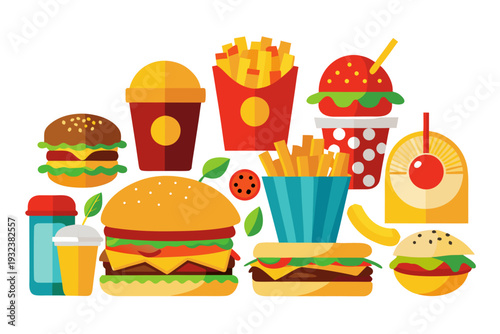 A modern and visually striking collection of popular fast food items is artfully rendered in a bold, colorful, and geometric flat design style, featuring burgers, fries, and various beverages.