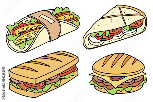 A vibrant and appealing illustration displays four delicious types of sandwiches, including a hearty wrap, a triangular quesadilla, a long submarine sandwich, and a round, fully loaded sandwich.
