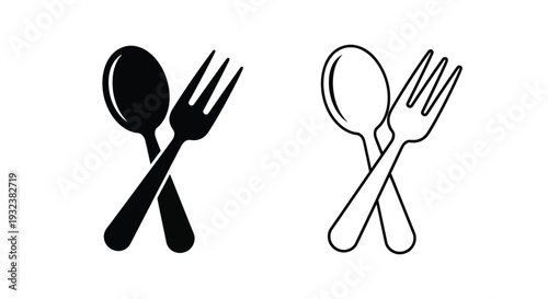 Black and white illustration of crossed cutlery spoon and fork
