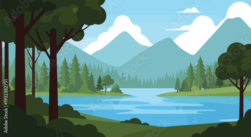 A picturesque scene of a tranquil lake surrounded by mountains and trees