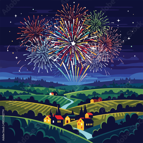 A picturesque scene of fireworks over a rural landscape at night
