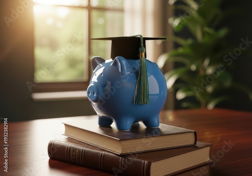 A blue piggy bank with a graduation cap sits on a stack of books.