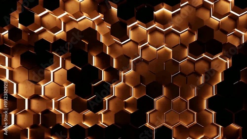Abstract Golden Honeycomb Pattern with Glowing Edges and Dark Background.
