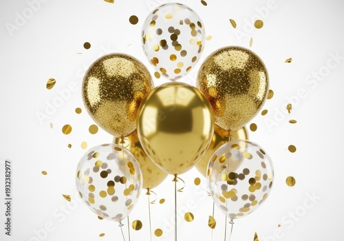 A festive arrangement of gold and white balloons with confetti for a celebration