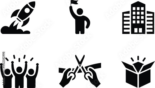 Black and white business including rocket launch and teamwork