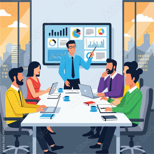 A presentation happening around a table, with graphs and a city visible