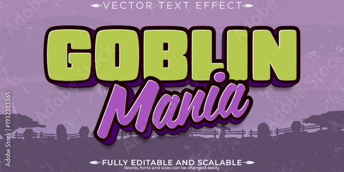 A vibrant purple and green text effect with the words Goblin Mania