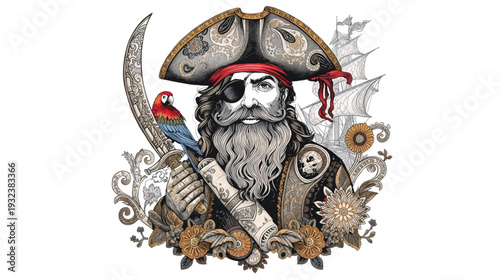 Pirate Captain with a Parrot and Sword in Ornate Vintage Illustration Style