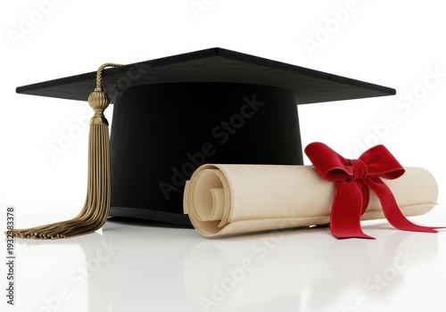 Graduation cap and diploma with red ribbon on a white surface