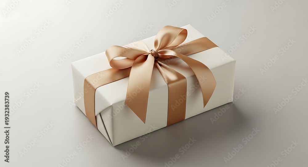 Obraz premium Beautifully wrapped gift box with gold ribbon on white background