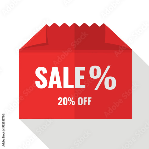 A red stylized paper shopping bag announces a 20% sale with white text