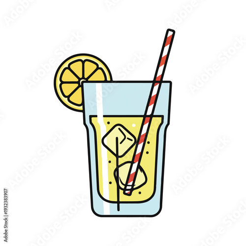 A refreshing drink with lemon slice, ice cubes, and straw in a glass