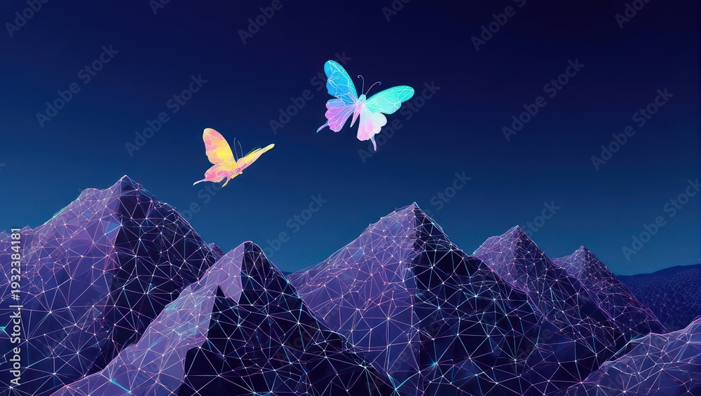 Fototapeta premium Two vibrant butterflies, iridescent in pastel hues, soar above a network of interconnected mountains rendered in a digital, wireframe style against a deep night sky