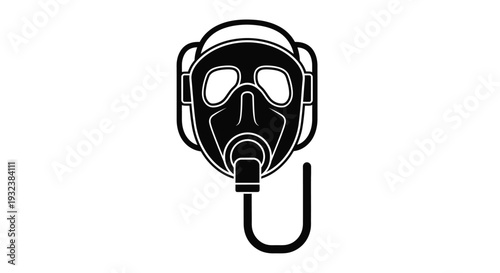 Black and white illustration of a vintage diving mask with attached hose