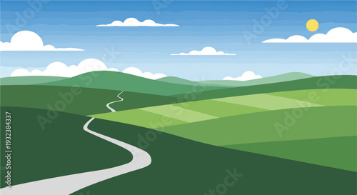 A scenic countryside landscape with rolling green hills, a road, and sky