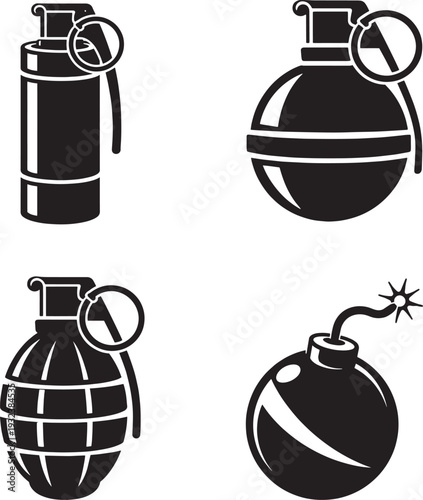 Grenade and Explosive Bomb Silhouette Vector Icons