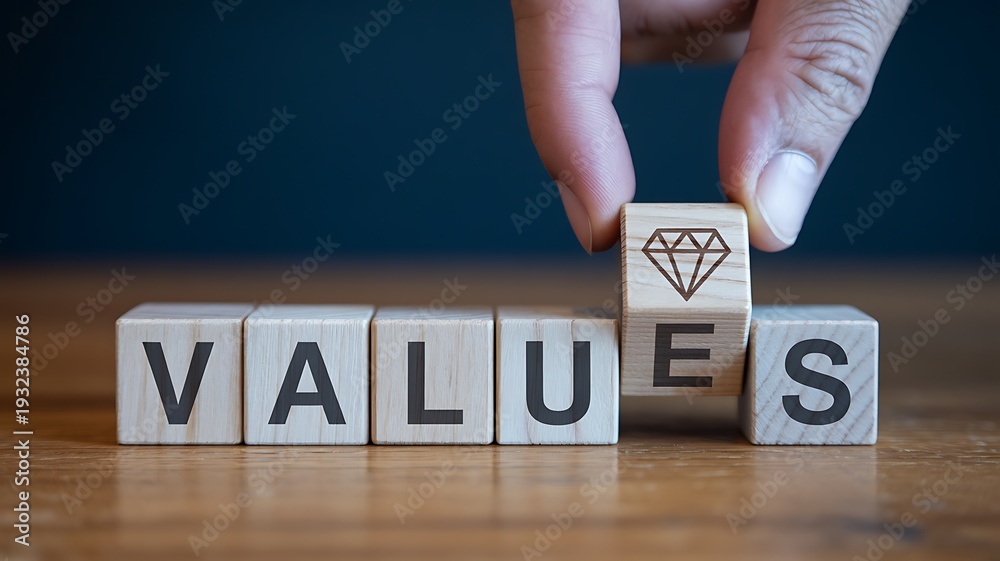 Naklejka premium Hand flipping wooden block to complete the word VALUES with a diamond icon for corporate culture.