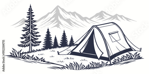 Mountain Camping Tent Near Forest Flat Vector on White Background