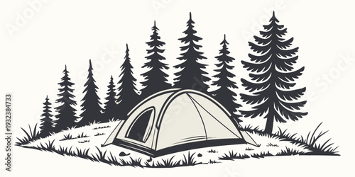 Mountain Camping Tent Near Forest Flat Vector on White Background