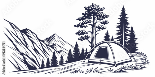 Mountain Camping Tent Near Forest Flat Vector on White Background