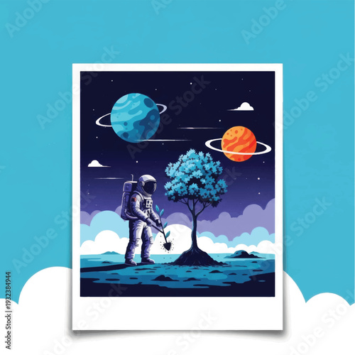 Astronaut Planting Tree on Alien Planet Surface.