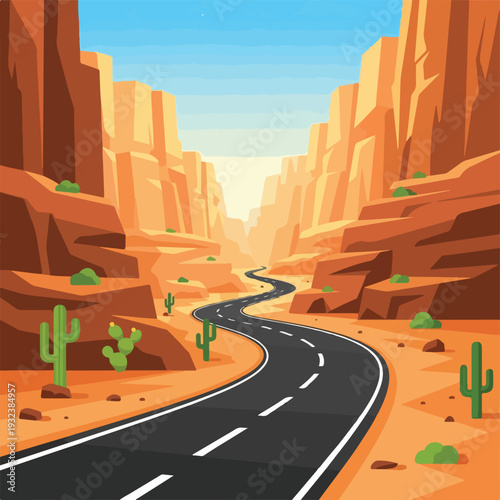 A scenic pixilated desert landscape with road leading to the horizon