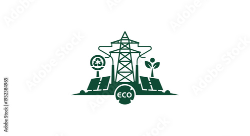 Eco-friendly energy concept with solar panels and power lines.