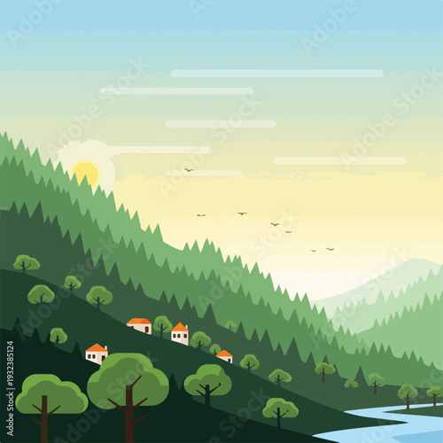 A scenic sunrise over a lush green mountainside village scene