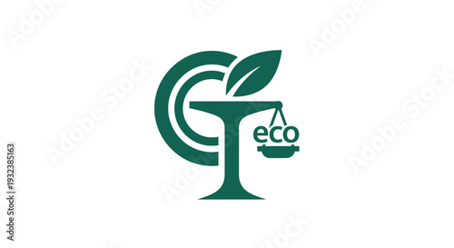 Green balance scale with eco text and leaves symbol.