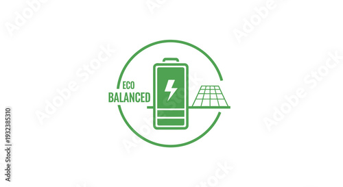 Green energy battery and solar panel icon representing eco balance.