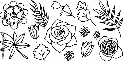 Black line drawing flowers and leaves on white background