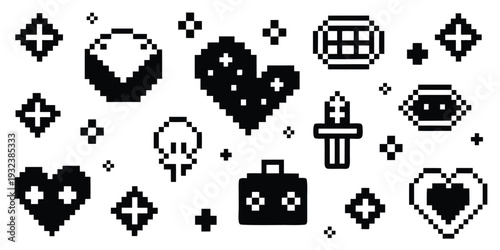 Pixel art hearts, stars, and objects on white background
