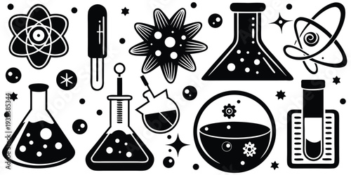 Science icons, laboratory equipment, chemistry symbols