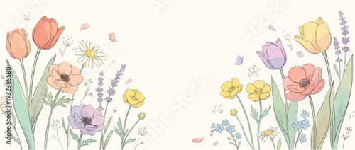Spring horizontal banner with hand drawn bloom flowers of field. Perfect for spring holidays, Mother's Day, Easter, Women's Day. Background with beautiful meadow flowers. Vector illustration. 