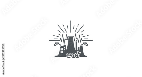 Industrial factory with eco symbol and heartbeat line.