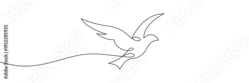Continuous one line drawing of flying bird symbol representing peace freedom and minimalist nature art. Editable stroke outline. Single contour art. Doodle hand drawn vector illustration