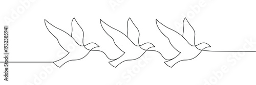 Continuous one line drawing of three birds flying together in sky for minimalist art. Editable stroke outline. Draw thin linear width. Single contour art. Doodle hand drawn vector illustration