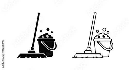 Black and white illustration of a mop and bucket set side by side