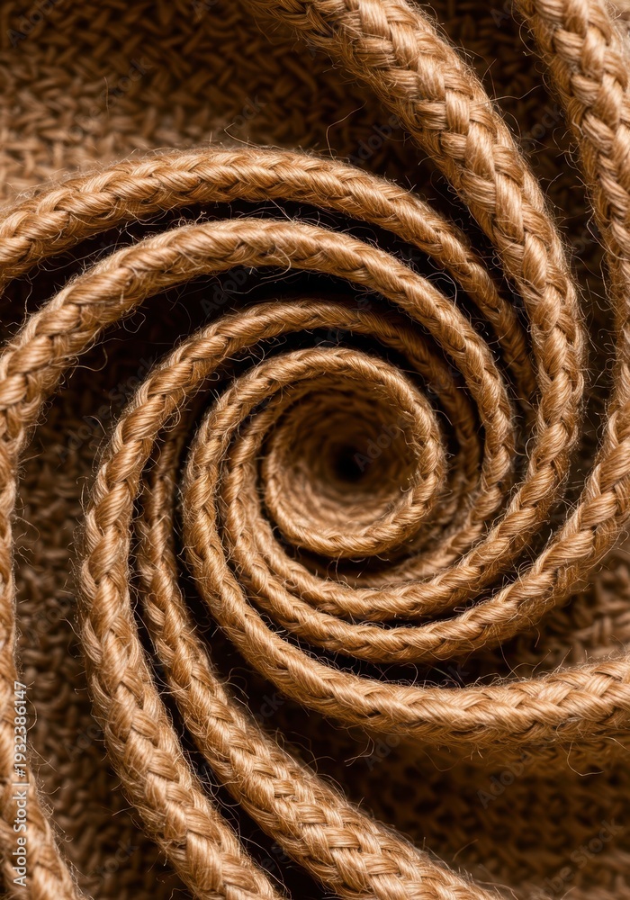 Fototapeta premium Soft natural cotton and linen blend textile close up, showcasing a complex woven spiral design and earthy fiber texture, coiled, material, knitting