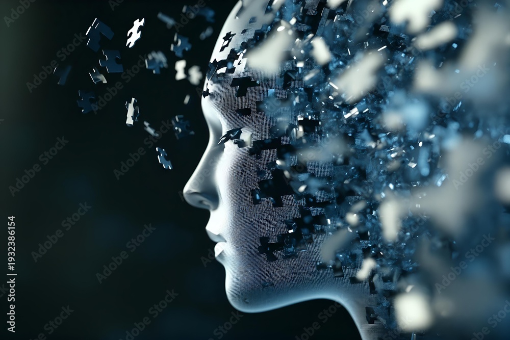 Obraz premium metallic puzzle human head transforming into digital particles. artificial intelligence and machine learning